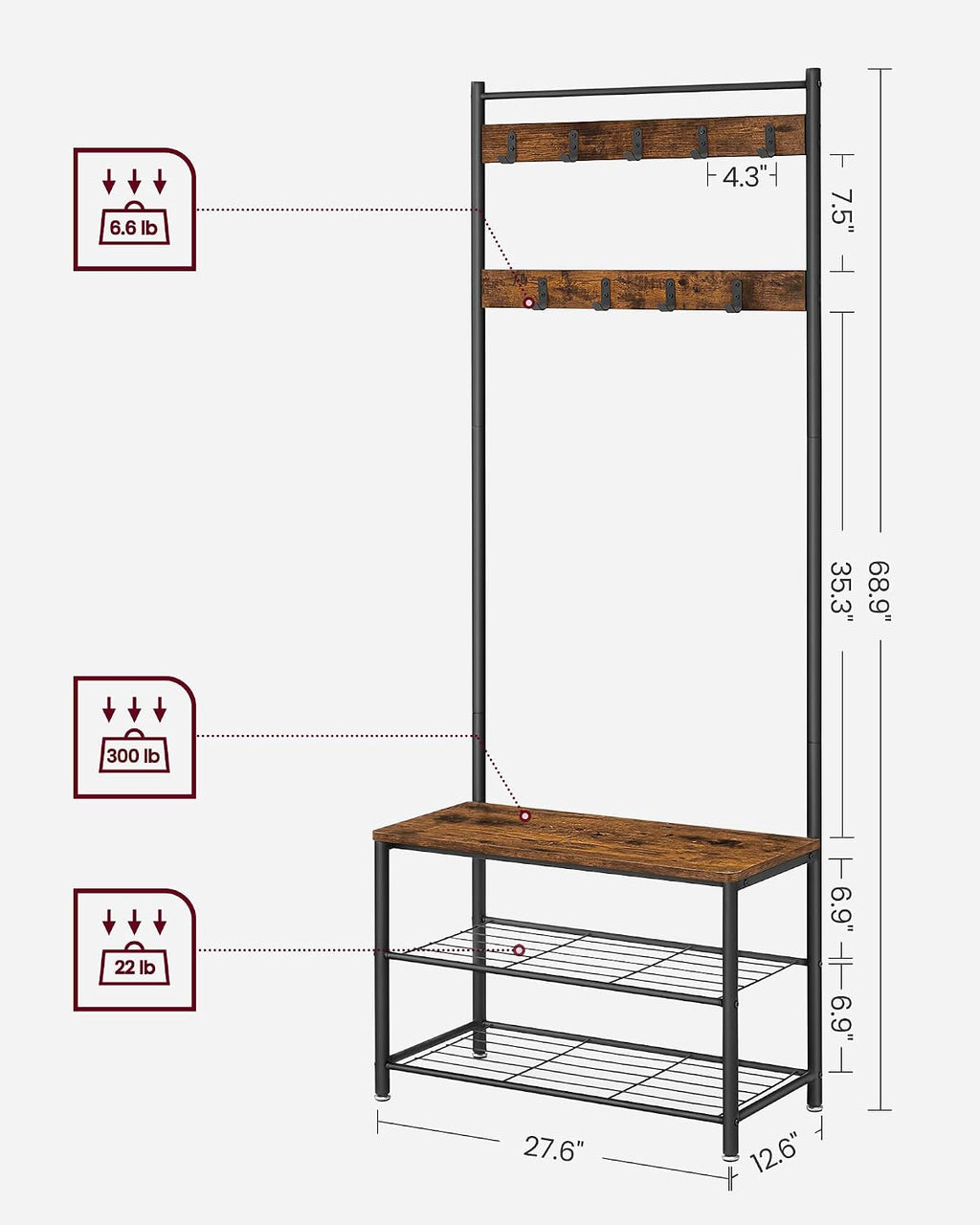 Hall Tree with Shoe Storage Bench, 3-in-1, Steel Frame