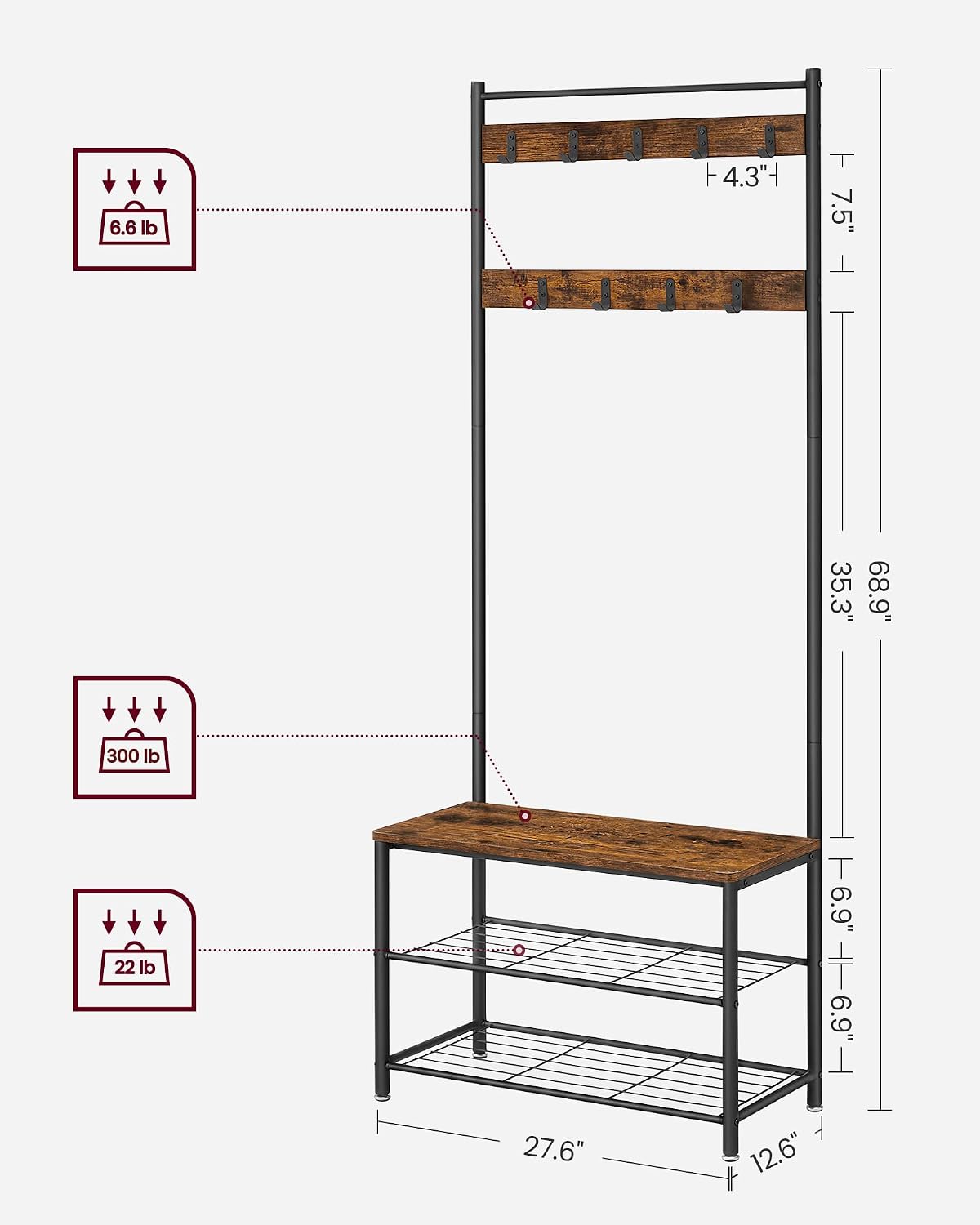 Hall Tree with Shoe Storage Bench, 3-in-1, Steel Frame