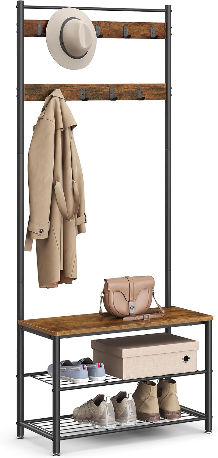 Hall Tree with Shoe Storage Bench, 3-in-1, Steel Frame