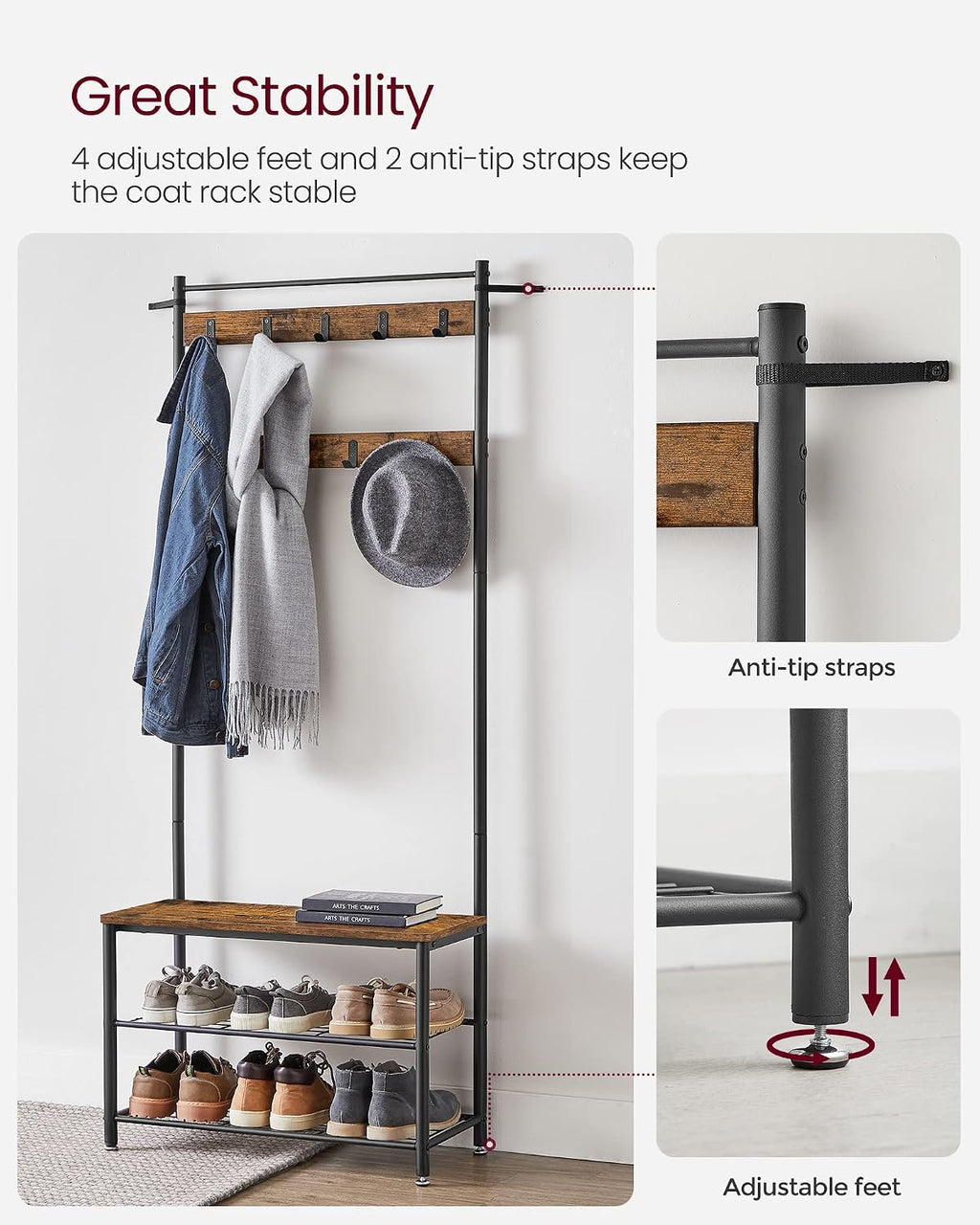 Hall Tree with Shoe Storage Bench, 3-in-1, Steel Frame