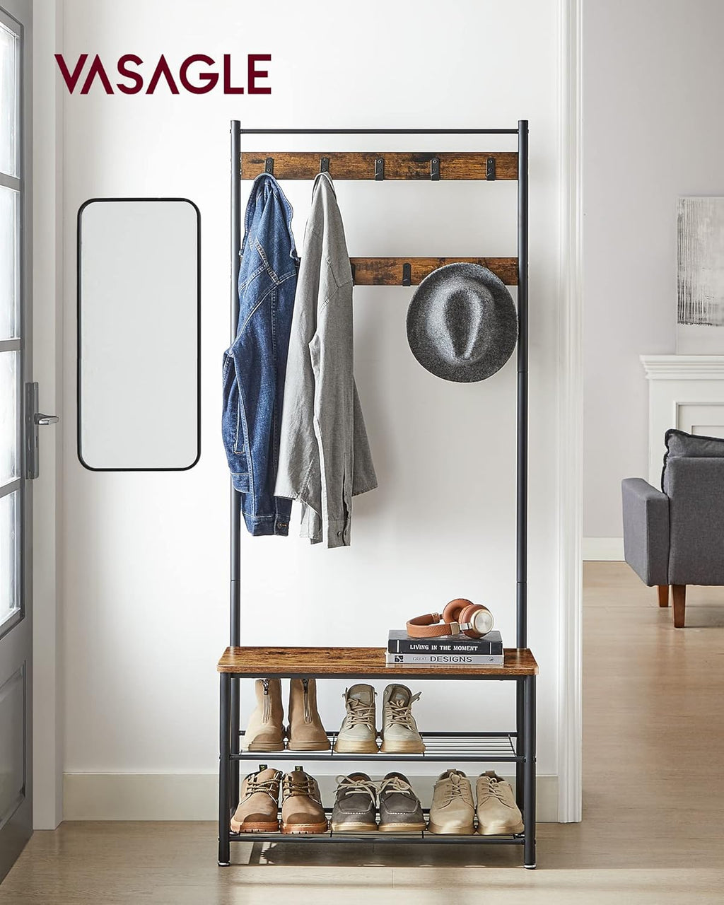 Hall Tree with Shoe Storage Bench, 3-in-1, Steel Frame