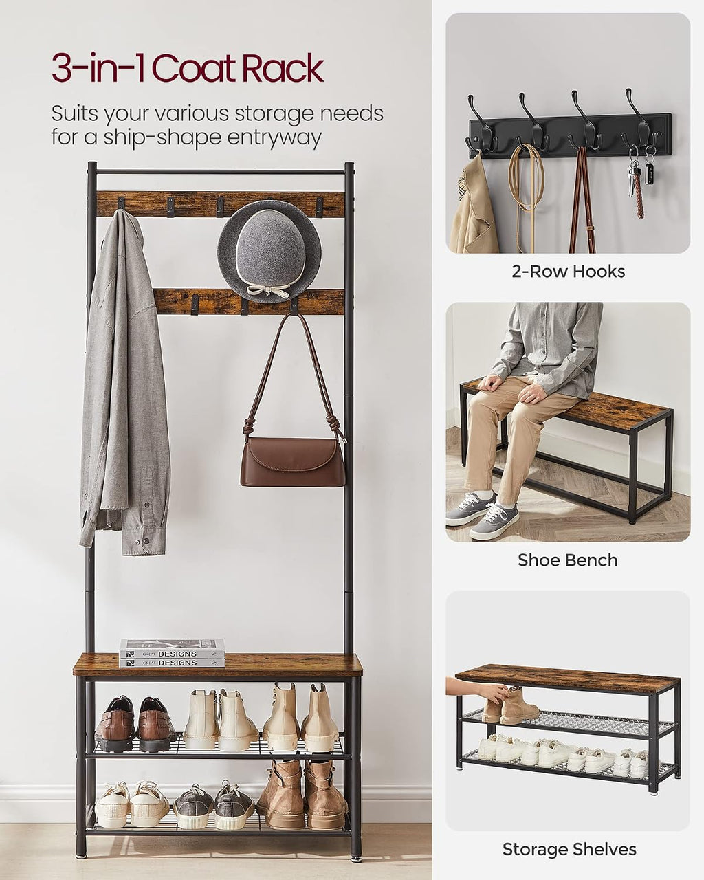 Hall Tree with Shoe Storage Bench, 3-in-1, Steel Frame